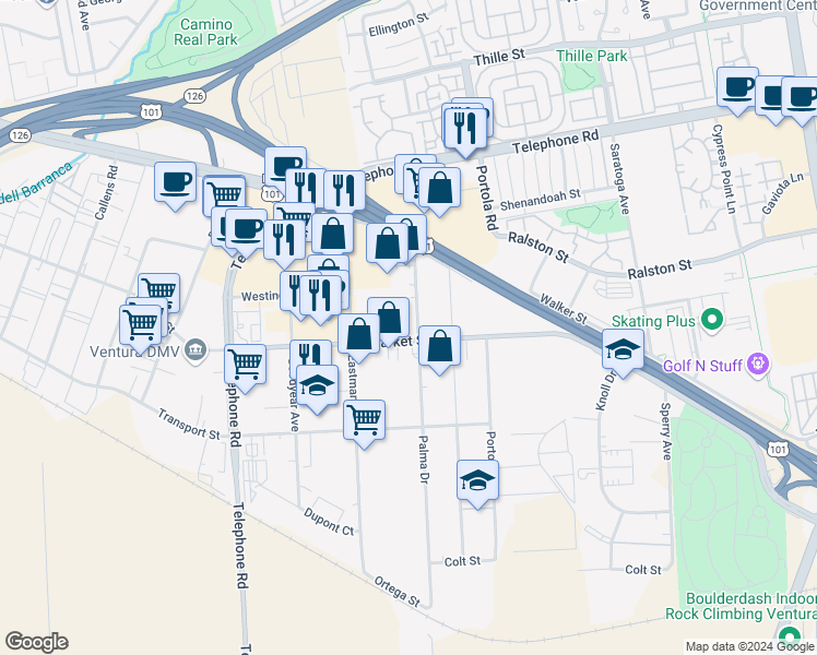 map of restaurants, bars, coffee shops, grocery stores, and more near 1649 Palma Drive in Ventura