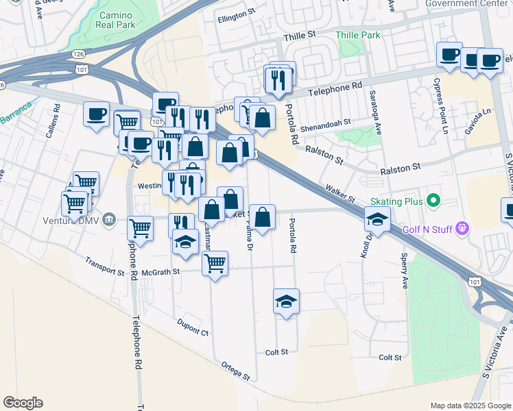 map of restaurants, bars, coffee shops, grocery stores, and more near 1603 Palma Drive in Ventura