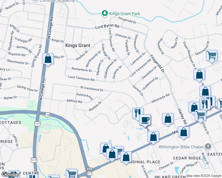 map of restaurants, bars, coffee shops, grocery stores, and more near 5128 Lord Tennyson Road in Wilmington