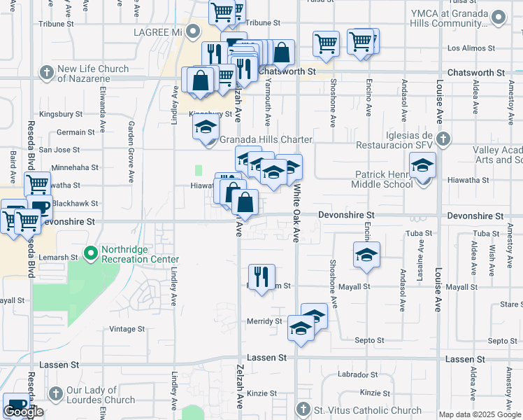 map of restaurants, bars, coffee shops, grocery stores, and more near 17807 Devonshire Street in Los Angeles