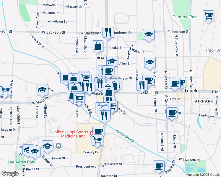 map of restaurants, bars, coffee shops, grocery stores, and more near 199 Robins Street in Tupelo