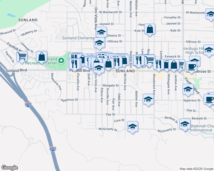 map of restaurants, bars, coffee shops, grocery stores, and more near Wyngate Street in Los Angeles