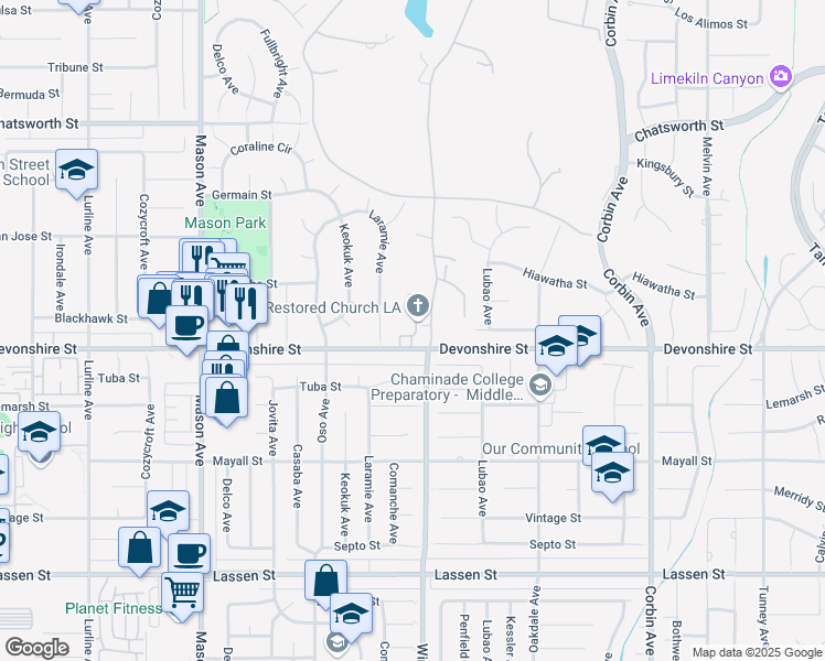 map of restaurants, bars, coffee shops, grocery stores, and more near 20121 Devonshire Street in Los Angeles