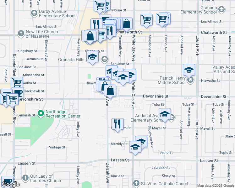 map of restaurants, bars, coffee shops, grocery stores, and more near 17811 Devonshire Street in Los Angeles