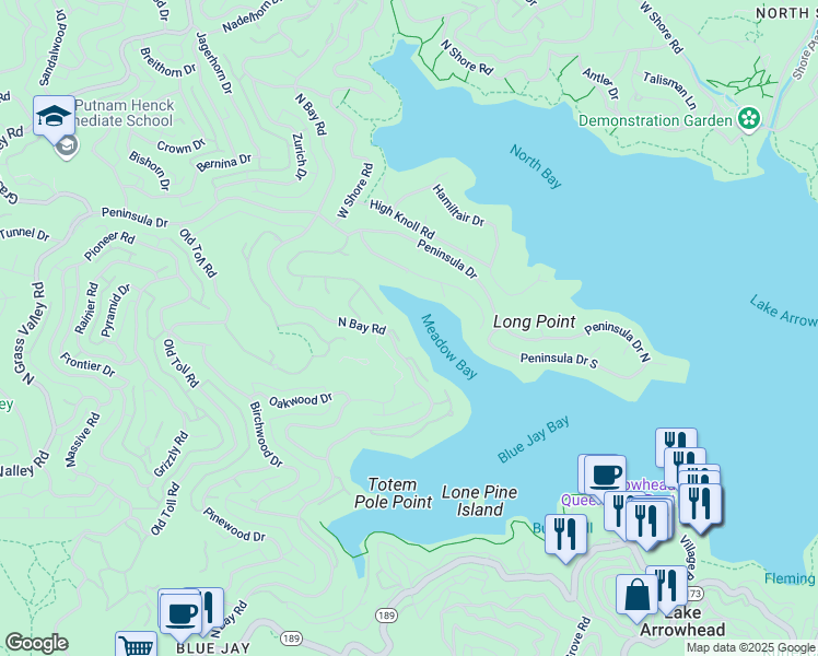 map of restaurants, bars, coffee shops, grocery stores, and more near 27467 North Bay Road in Lake Arrowhead