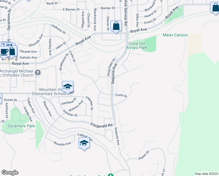 map of restaurants, bars, coffee shops, grocery stores, and more near 1024 King Palm Drive in Simi Valley
