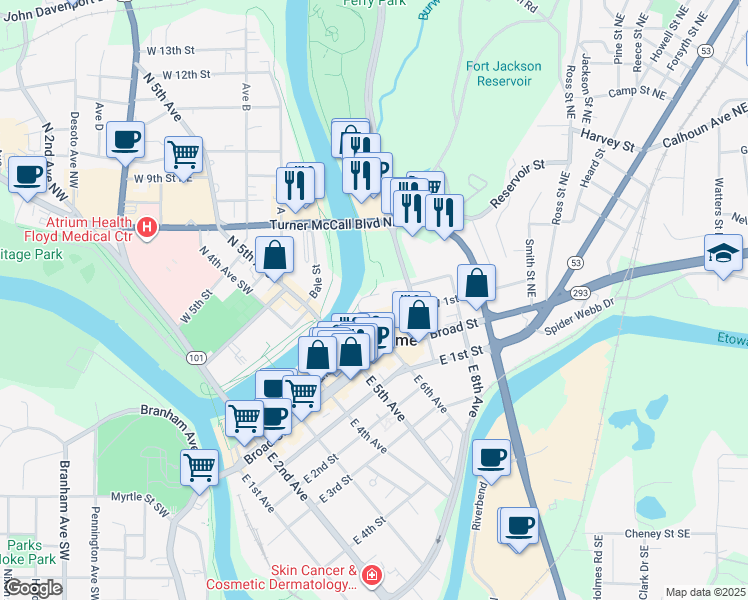 map of restaurants, bars, coffee shops, grocery stores, and more near 603 West 1st Street in Rome