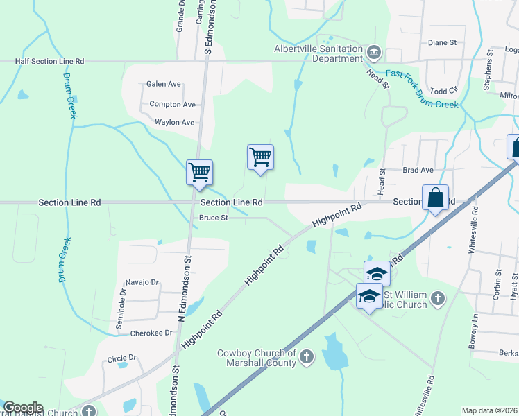 map of restaurants, bars, coffee shops, grocery stores, and more near 903 Section Line Road in Albertville