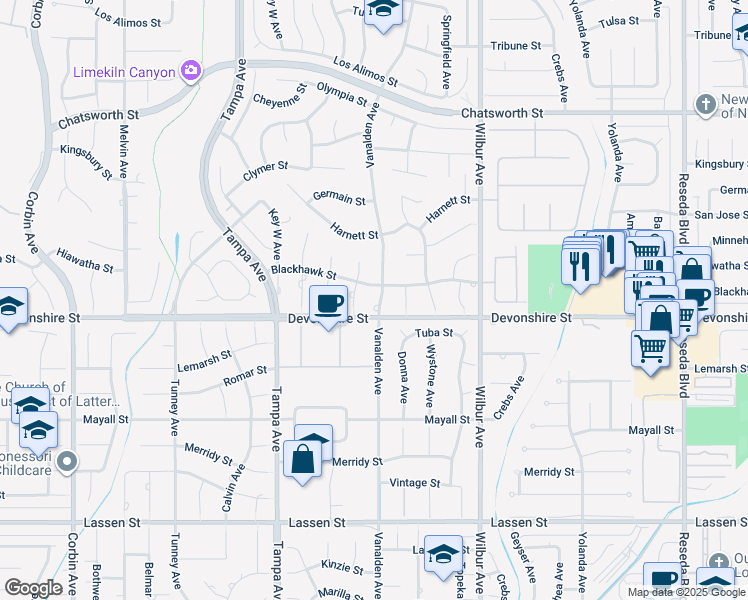 map of restaurants, bars, coffee shops, grocery stores, and more near 10315 Vanalden Avenue in Los Angeles