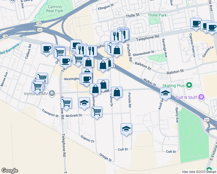 map of restaurants, bars, coffee shops, grocery stores, and more near 1649 Palma Drive in Ventura