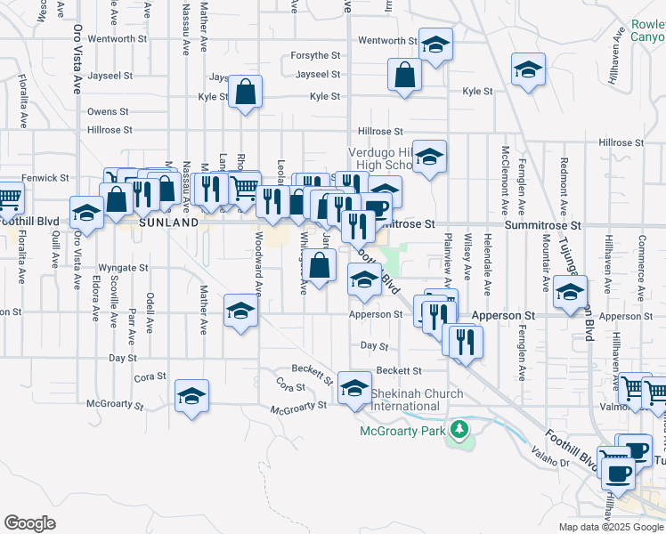 map of restaurants, bars, coffee shops, grocery stores, and more near 10404 Jardine Avenue in Los Angeles