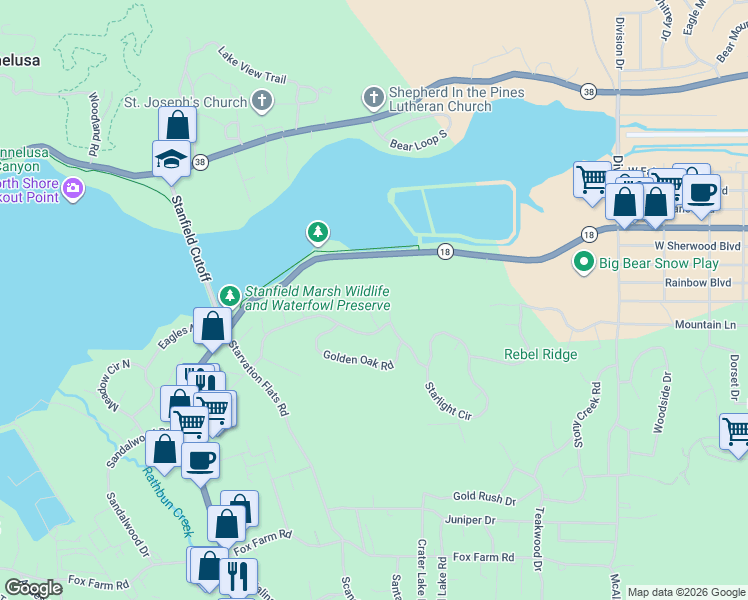 map of restaurants, bars, coffee shops, grocery stores, and more near 469 Morningstar Place in Big Bear Lake