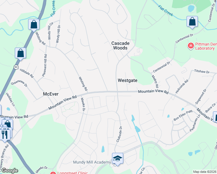 map of restaurants, bars, coffee shops, grocery stores, and more near 3604 Maple Forge Lane in Gainesville