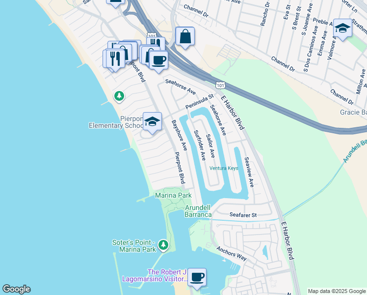 map of restaurants, bars, coffee shops, grocery stores, and more near 2795 Bayshore Avenue in Ventura