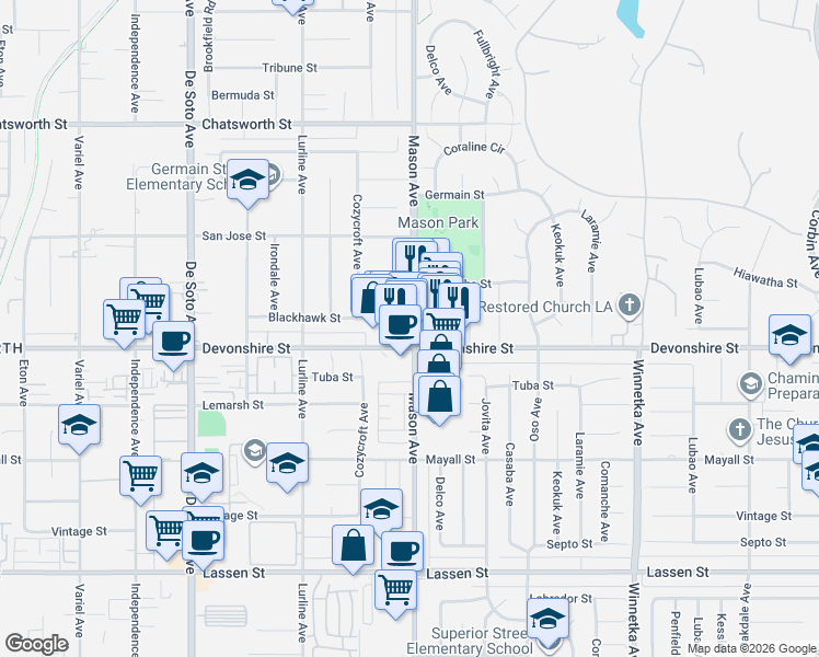 map of restaurants, bars, coffee shops, grocery stores, and more near 10317 Mason Avenue in Los Angeles