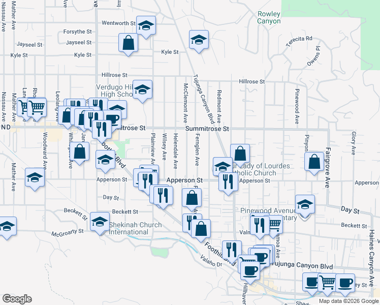 map of restaurants, bars, coffee shops, grocery stores, and more near 10404 McClemont Avenue in Los Angeles