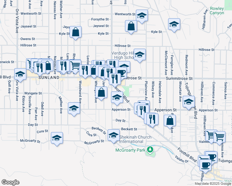 map of restaurants, bars, coffee shops, grocery stores, and more near 7780 Foothill Boulevard in Los Angeles