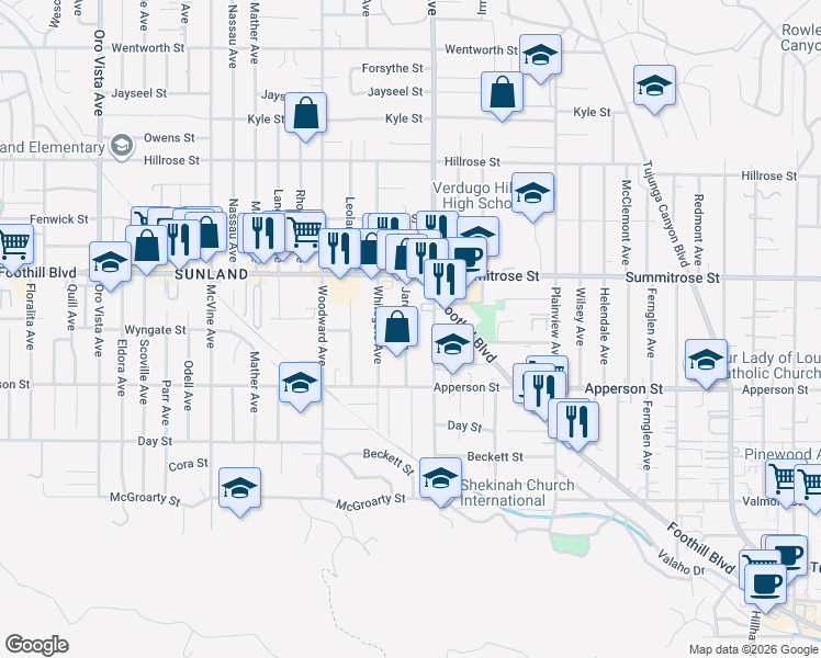 map of restaurants, bars, coffee shops, grocery stores, and more near 10426 Jardine Avenue in Los Angeles