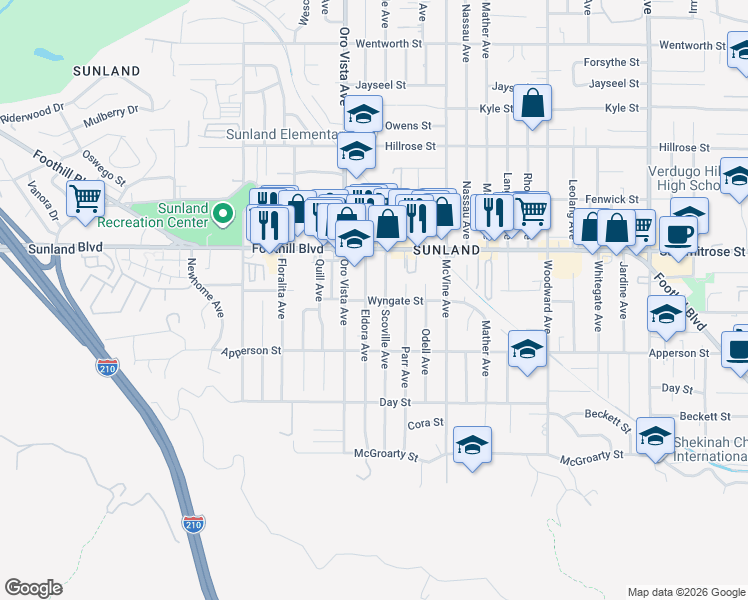 map of restaurants, bars, coffee shops, grocery stores, and more near 10423 Scoville Avenue in Los Angeles