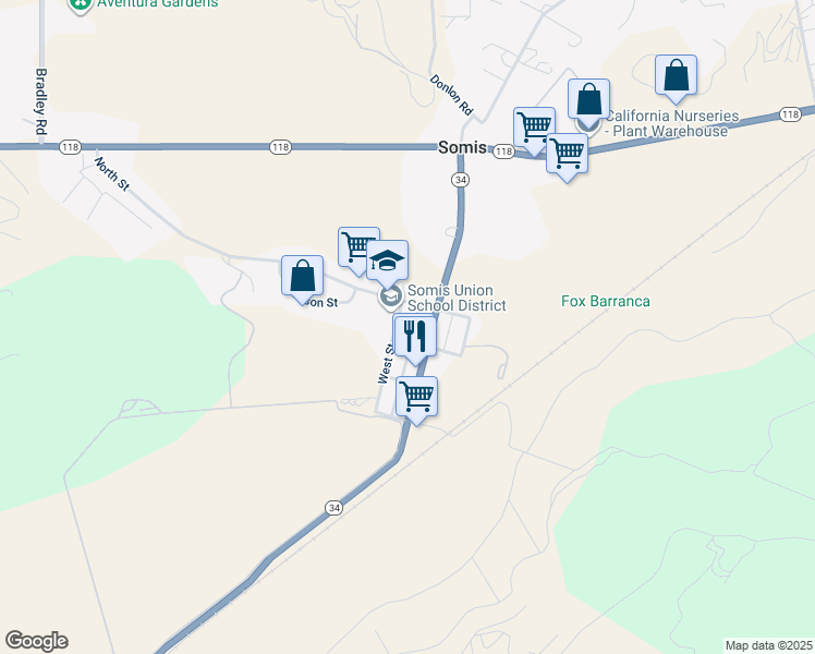 map of restaurants, bars, coffee shops, grocery stores, and more near 5330 North Street in Somis