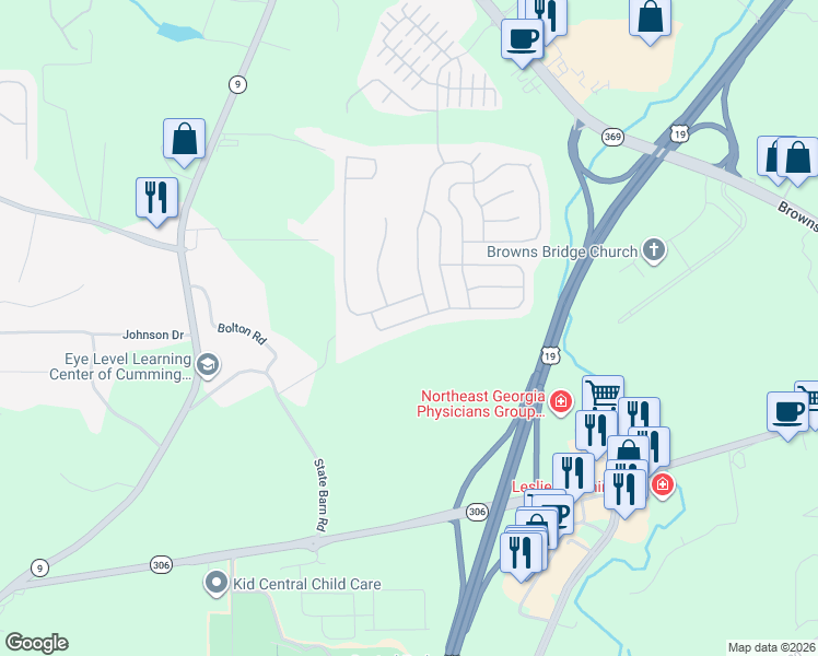 map of restaurants, bars, coffee shops, grocery stores, and more near 4530 Roseman Trail in Cumming