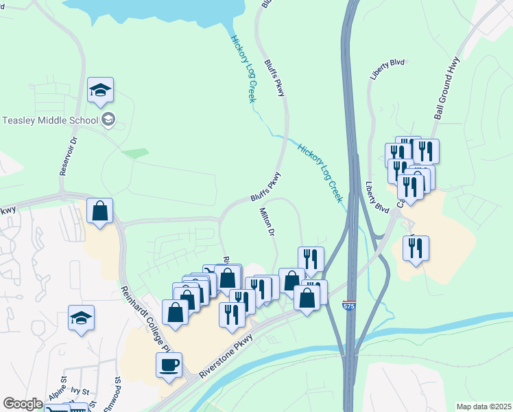 map of restaurants, bars, coffee shops, grocery stores, and more near Bluffs Parkway in Canton