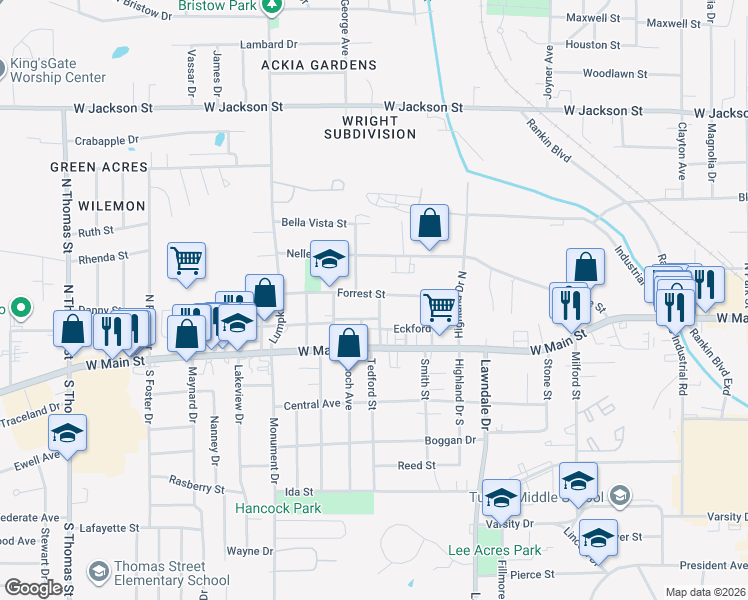 map of restaurants, bars, coffee shops, grocery stores, and more near 1400-1698 Forrest Street in Tupelo