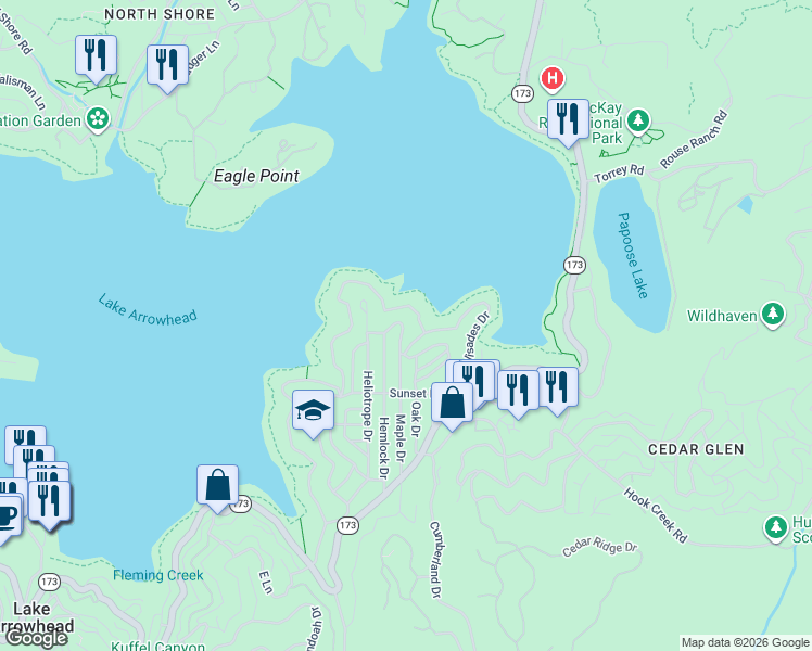 map of restaurants, bars, coffee shops, grocery stores, and more near 28810 Cedar Drive in Lake Arrowhead
