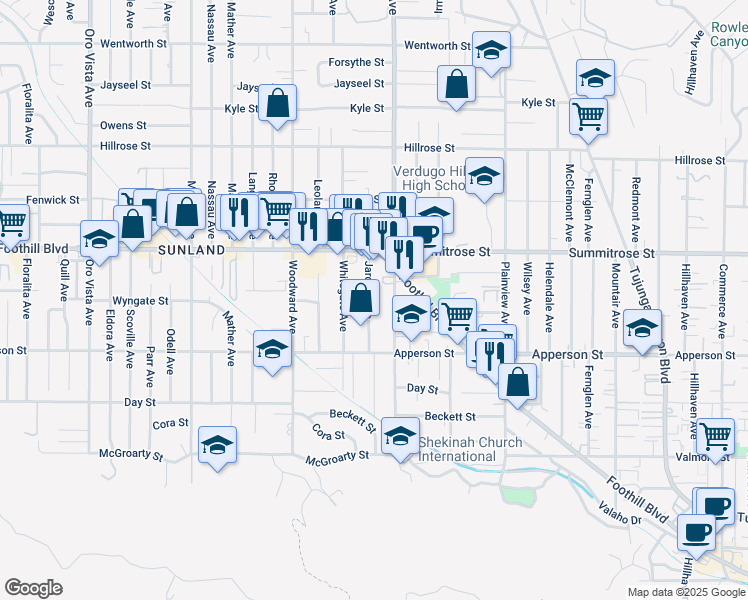 map of restaurants, bars, coffee shops, grocery stores, and more near 10404 Jardine Avenue in Los Angeles