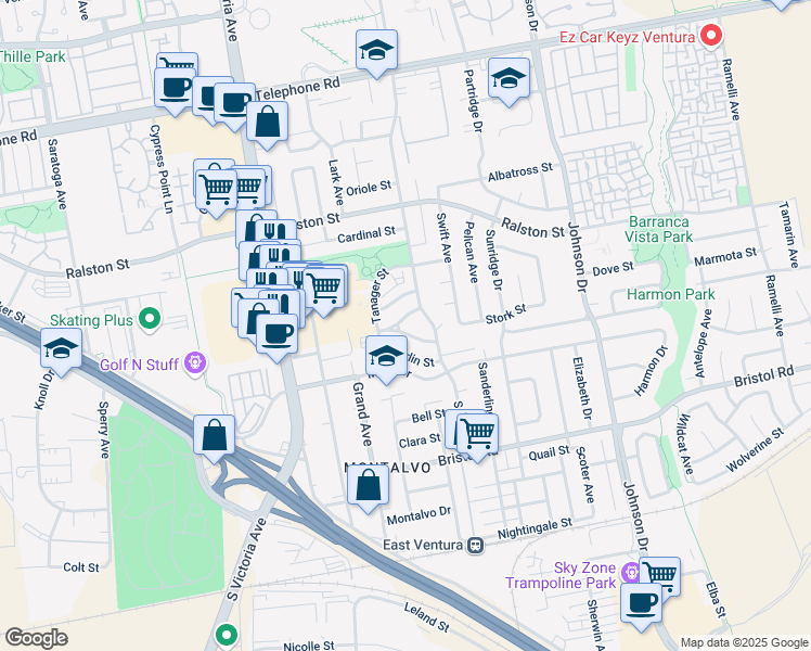 map of restaurants, bars, coffee shops, grocery stores, and more near 6276 Turnstone Street in Ventura