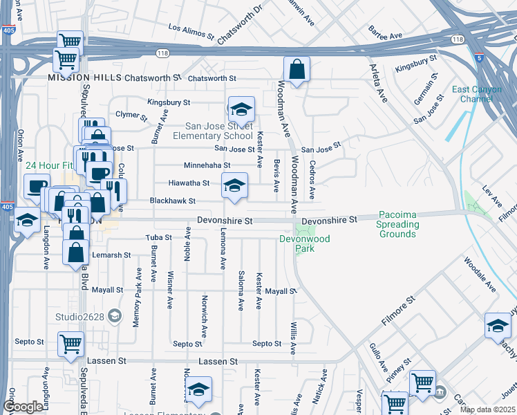map of restaurants, bars, coffee shops, grocery stores, and more near 14900 Blackhawk Street in Los Angeles
