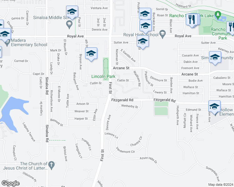 map of restaurants, bars, coffee shops, grocery stores, and more near 1175 Fitzgerald Road in Simi Valley