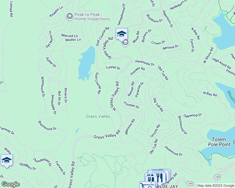 map of restaurants, bars, coffee shops, grocery stores, and more near 447 North Grass Valley Road in Lake Arrowhead