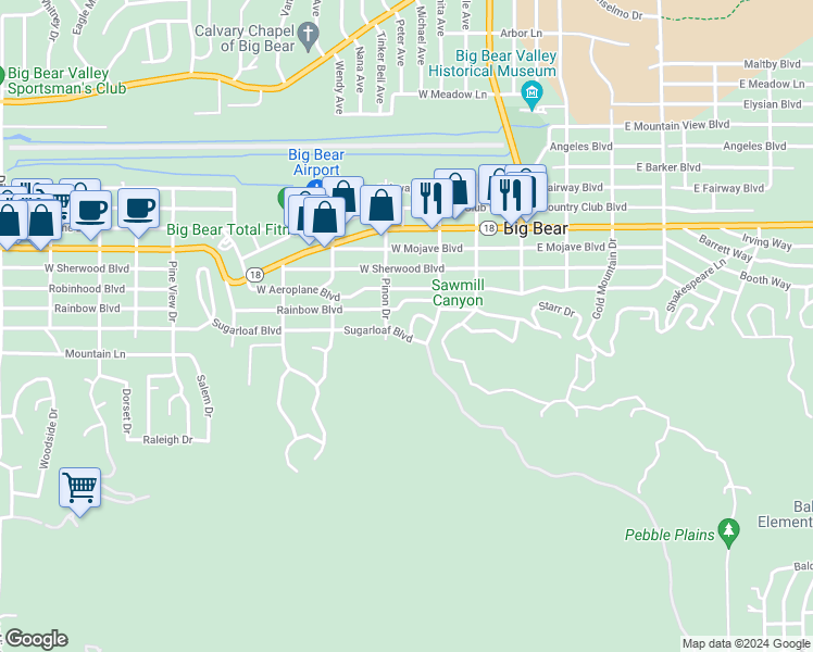 map of restaurants, bars, coffee shops, grocery stores, and more near 325 Hilltop Lane in Big Bear