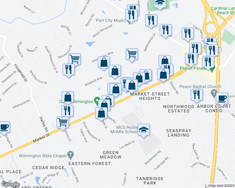 map of restaurants, bars, coffee shops, grocery stores, and more near 6611 Market Street in Wilmington