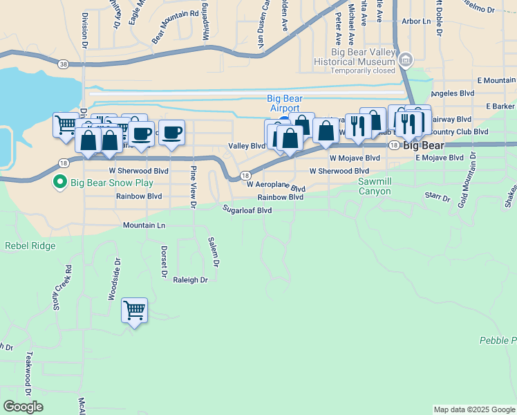 map of restaurants, bars, coffee shops, grocery stores, and more near 605 Sugarloaf Boulevard in Big Bear