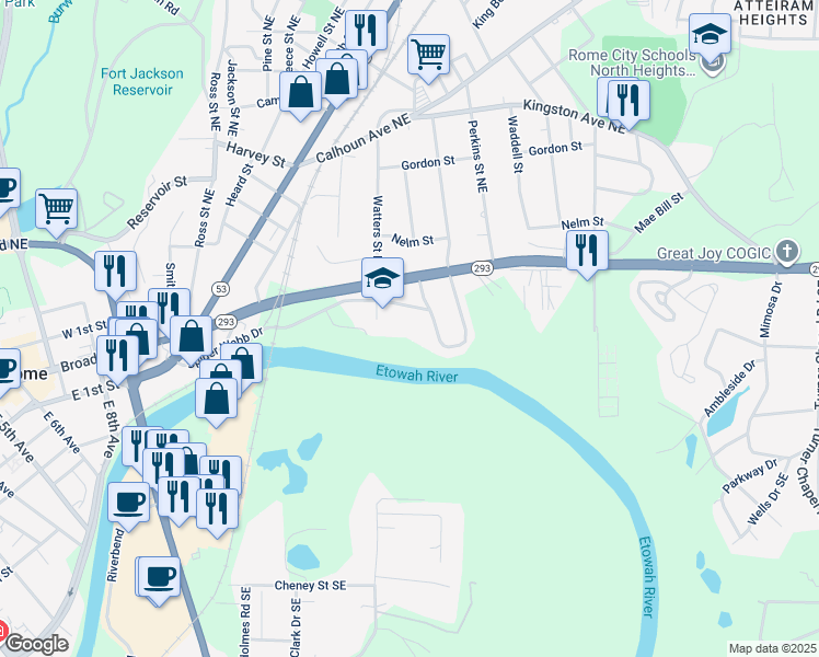 map of restaurants, bars, coffee shops, grocery stores, and more near 41 Washington Drive Southeast in Rome