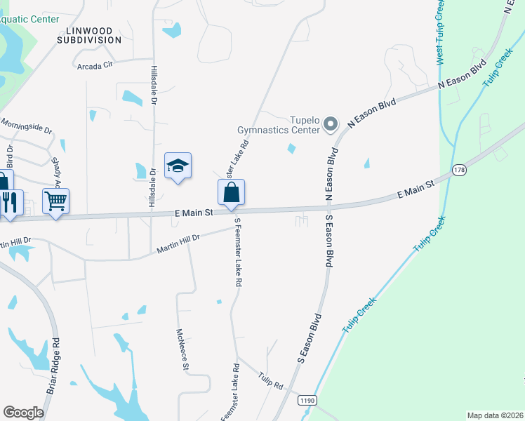 map of restaurants, bars, coffee shops, grocery stores, and more near 1900 East Main Street in Tupelo