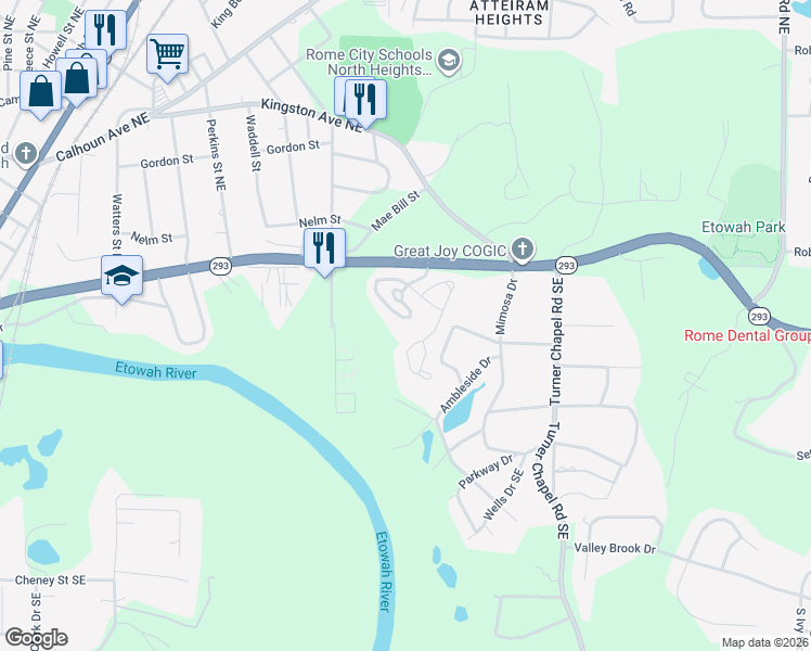 map of restaurants, bars, coffee shops, grocery stores, and more near 3205 Village Boulevard in Rome