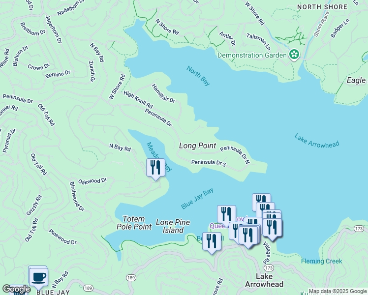 map of restaurants, bars, coffee shops, grocery stores, and more near 28060 Peninsula Drive in Lake Arrowhead
