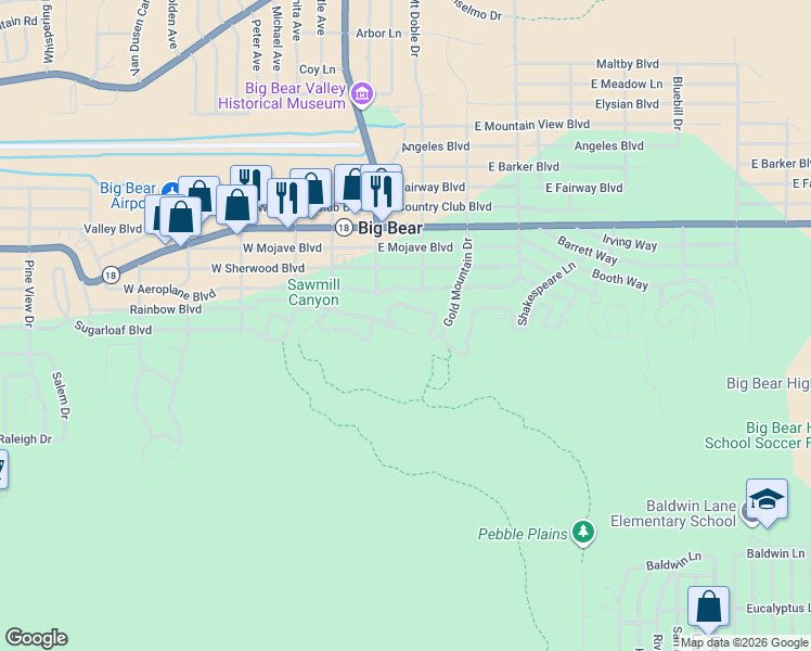 map of restaurants, bars, coffee shops, grocery stores, and more near 141 Starr Drive in Big Bear