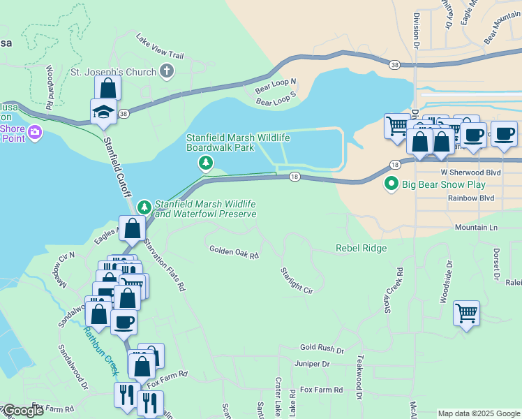 map of restaurants, bars, coffee shops, grocery stores, and more near 487 Fallen Leaf Road in Big Bear Lake