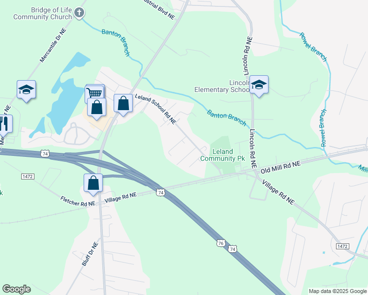 map of restaurants, bars, coffee shops, grocery stores, and more near 1655 Lamarca Way Northeast in Leland
