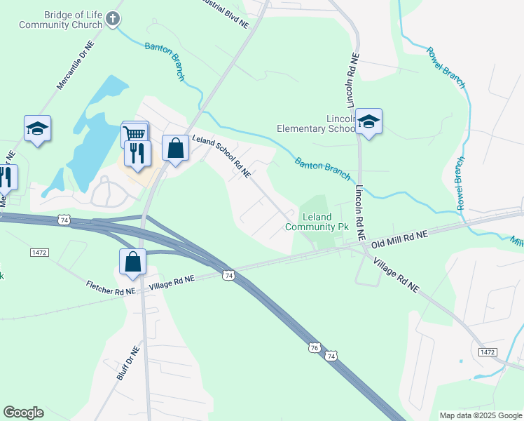 map of restaurants, bars, coffee shops, grocery stores, and more near 1655 Lamarca Way Northeast in Leland