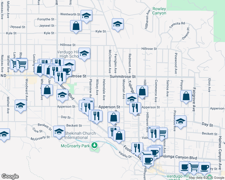 map of restaurants, bars, coffee shops, grocery stores, and more near 10404 McClemont Avenue in Los Angeles
