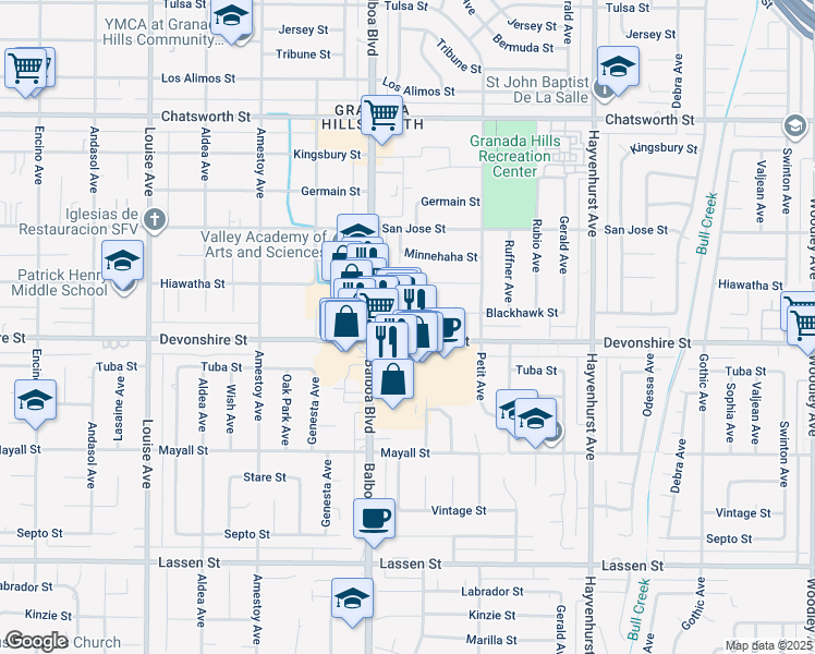 map of restaurants, bars, coffee shops, grocery stores, and more near 16950 Blackhawk Street in Los Angeles