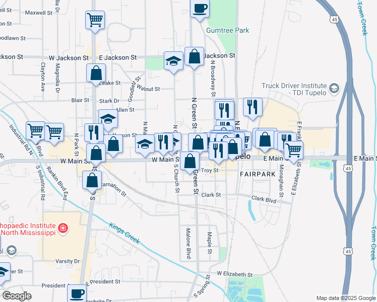 map of restaurants, bars, coffee shops, grocery stores, and more near 412 West Main Street in Tupelo