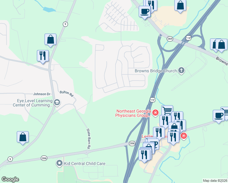 map of restaurants, bars, coffee shops, grocery stores, and more near 4540 Roseman Trail in Cumming