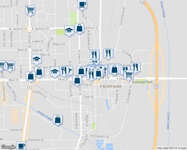 map of restaurants, bars, coffee shops, grocery stores, and more near 109 North Spring Street in Tupelo