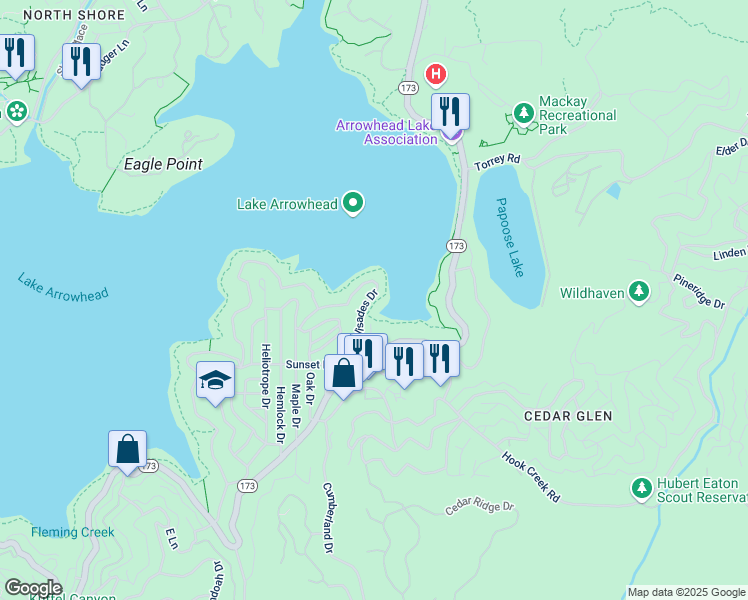 map of restaurants, bars, coffee shops, grocery stores, and more near 28956 Palisades Drive in Lake Arrowhead
